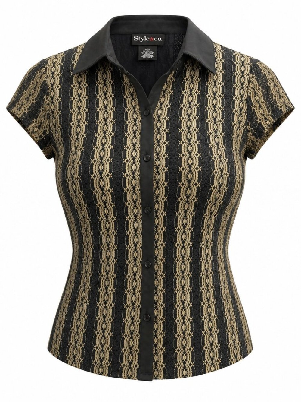 STYLE & Co Short-Sleeve Button-Up Black and Cream Geometric Striped Top, Size L